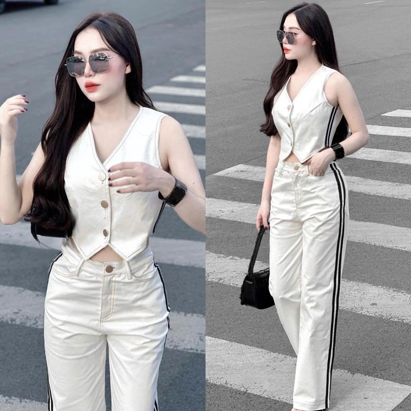 Sét Áo Sơ Mi Nữ GiLe Nữ Áo Sát Nách Quần Suông KaKi Màu Trắng,Quần Nữ Dáng Dài Sang Chảnh,Đi Chơi.Đi Làm,Dạo Phố S066 đồ bộ kaki áo + yếm Women có thể giặt máy hàn quốc ống bo trắng đen đễ thương đo trắng đễ thương Ong
