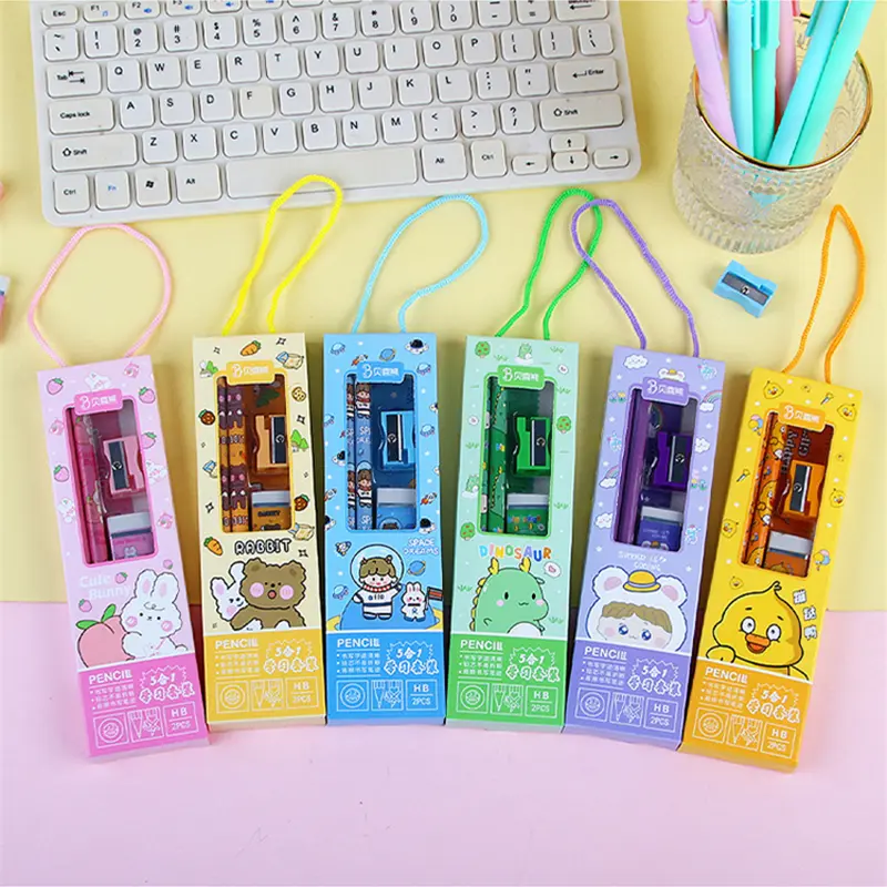 Pencil 5 in 1 Study Set Student Gift Portable Stationery Set Gift Box Birthday Present Gift Pencil