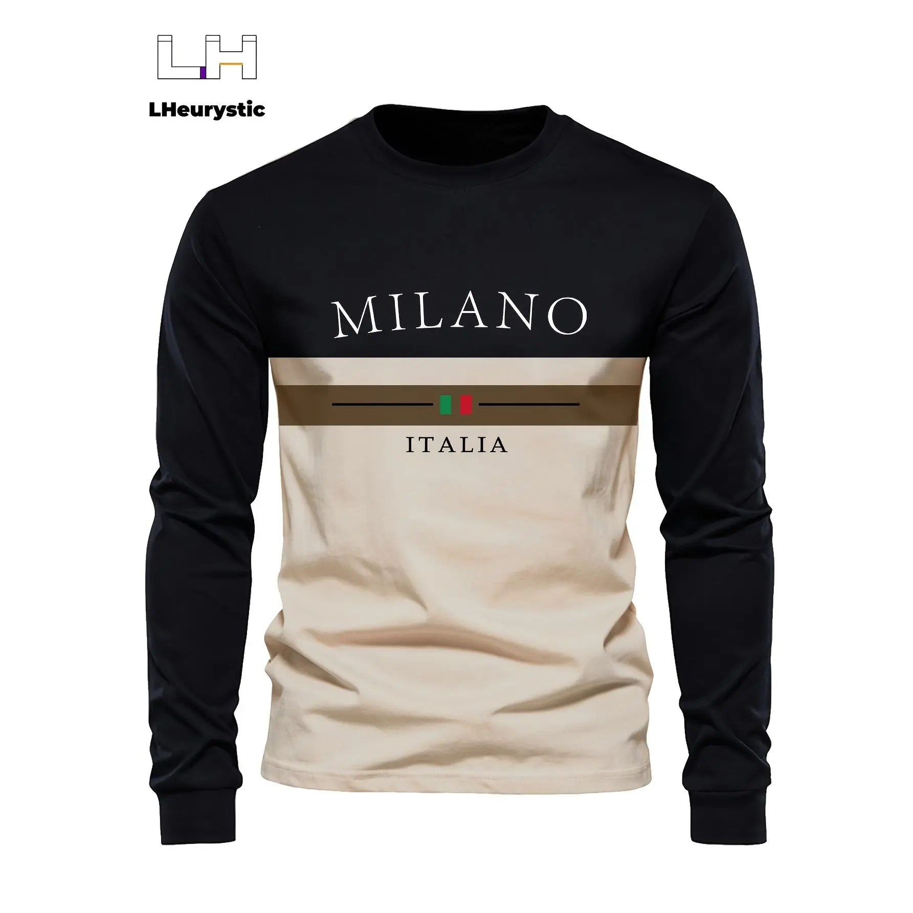 This Men's Milan Italian Graphic Long Sleeved Round Neck T-shirt Is Made of Polyester Spandex Blend Fabric, A Casual and Sporty Style, with Medium Elasticity, Suitable for Autumn and Winter Seasons.