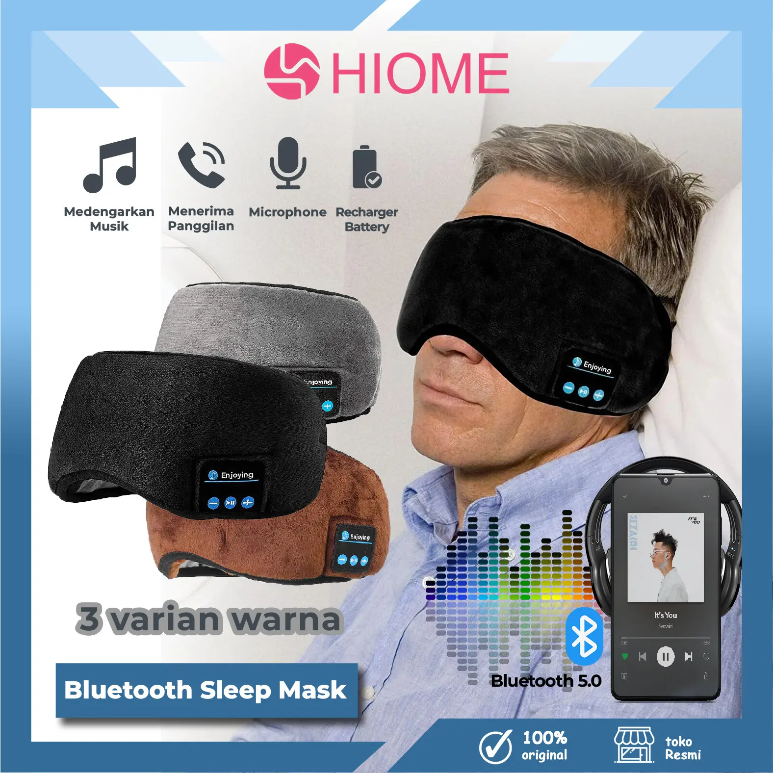 HIOME Penutup Mata Bluetooth Pelindungan Sleep Mask Polyester Aman Untuk Travel Dan Tidur Termurah