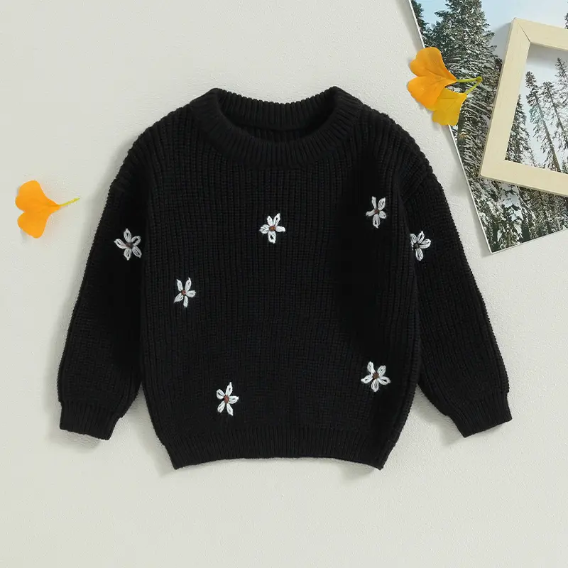 Baby Girl Sweater, Long Sleeve Crew Neck Flower Winter Warm Knit Pullover Sweater Infant Clothes