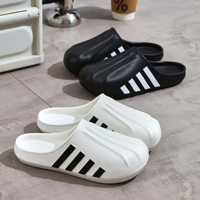 (3 dòng）Dép sục Chaussures de plage en caoutchouc, modèle unisexe blanc-noir semi-fermé, chaussures de couple, sandales, sandales antidérapantes et imperméables (supportent le remplacement de la taille des chaussures)