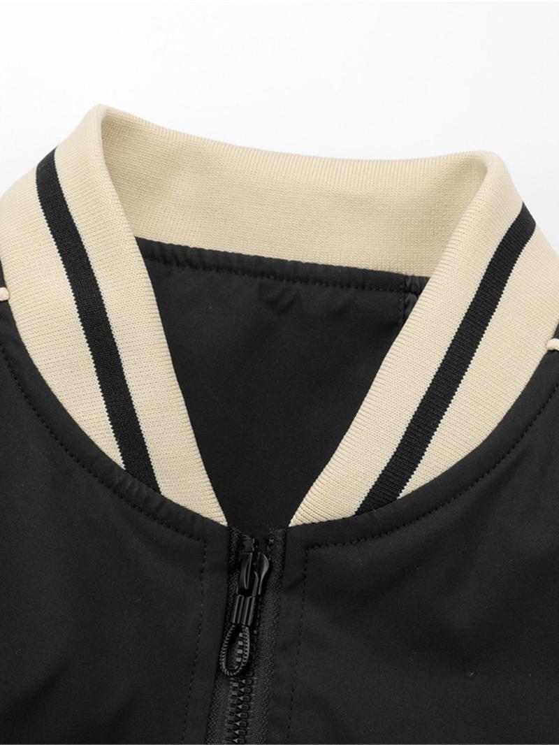 Product Introduction of Men's Striped Trim Zip Up Bomber Jacket, Casual Comfy Long Sleeve Baseball Collar Outerwear for Spring & Fall, Fashion Men's Clothes for Daily Wear 4