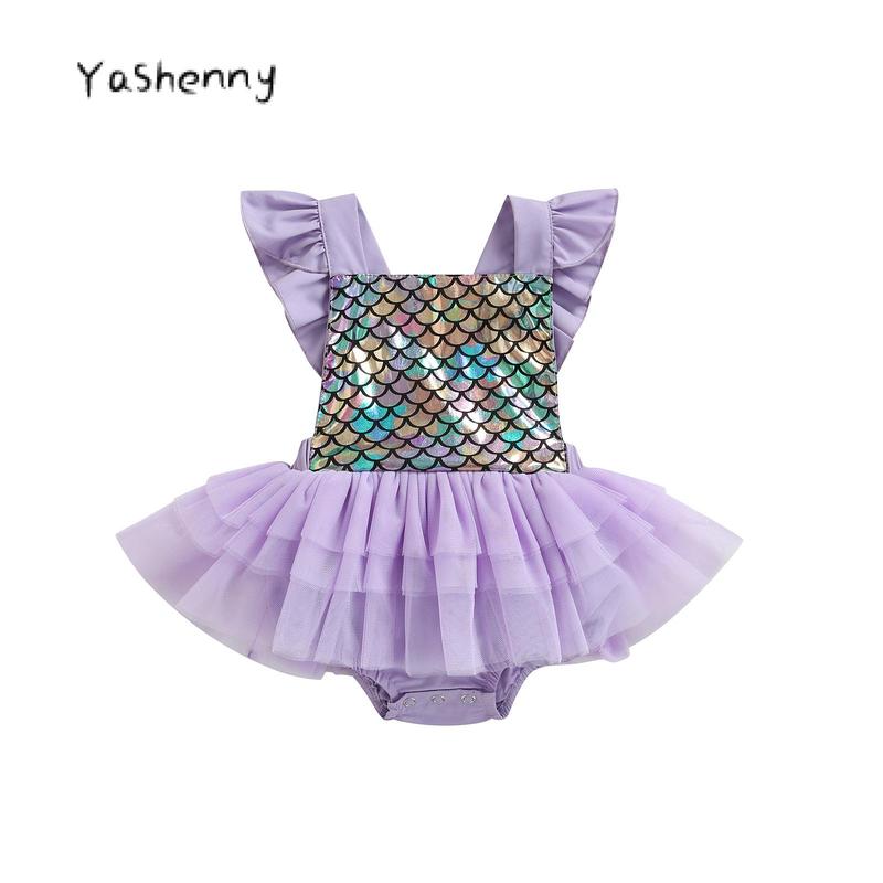 Product Introduction of Infant Baby Girls Romper Dress Fly Sleeve Mermaid Scale Print Tulle Splicing Tutu Bodysuit Summer One-Piece Clothes 32
