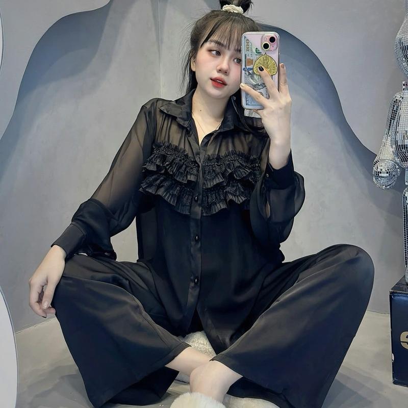 Bộ Đồ Ngủ Nữ Tay Dài Chất Lụa Latin Mềm Mại Phối Vải Voan Có Lót Trong Freesize Women setdomac nhaxinh pizamanu 7