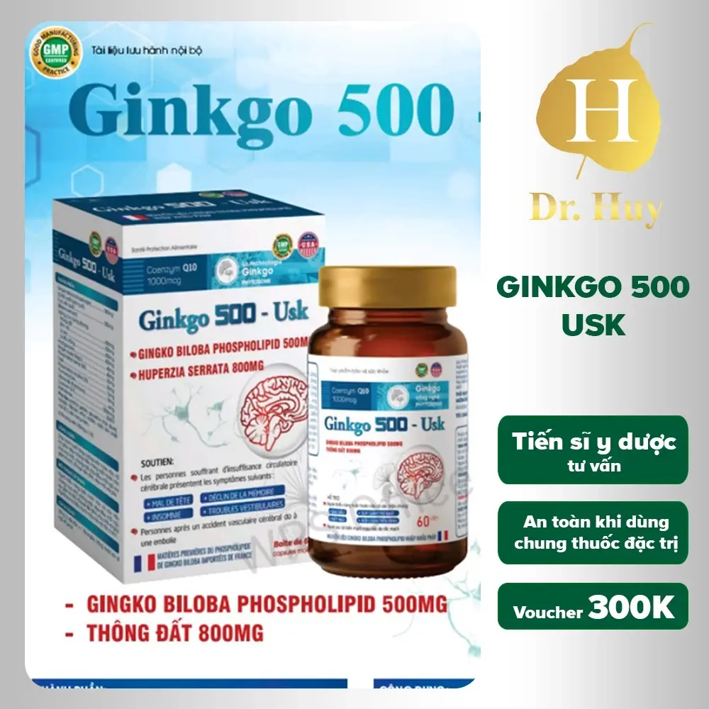 Viên uống bổ não Coenzyme Q10 tăng cường trí nhớ, giảm đau đầu, lưu thông máu não - 60v GINKGO 500 DRHUY