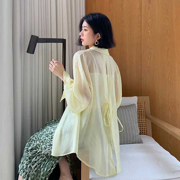 Áo sơ mi nữ dài tay khoác ngoài xẻ sau buộc nơ. Sơ mi nữ đi chơi đi biển khoác ngoài trơn basic buộc nơ sau. Women Top