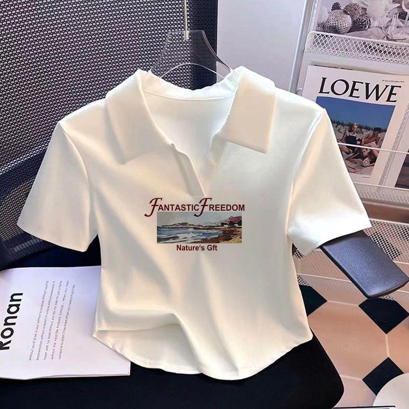 Product Introduction of [2281 Favorites] White Polo Collar Printed Short Sleeve T-Shirt for Women Summer Irregular V-Neck Pure Desire Style Sweet Hot Girl Short Top Womenswear Lingerie Comfort Casual Heart Love 9