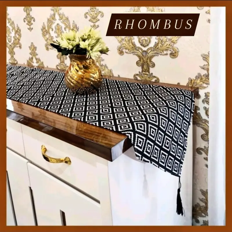Taplak meja modern panjang 150cm untuk dekorasi ruang tamu bahan kain kanvas aneka motif Rumbai 7