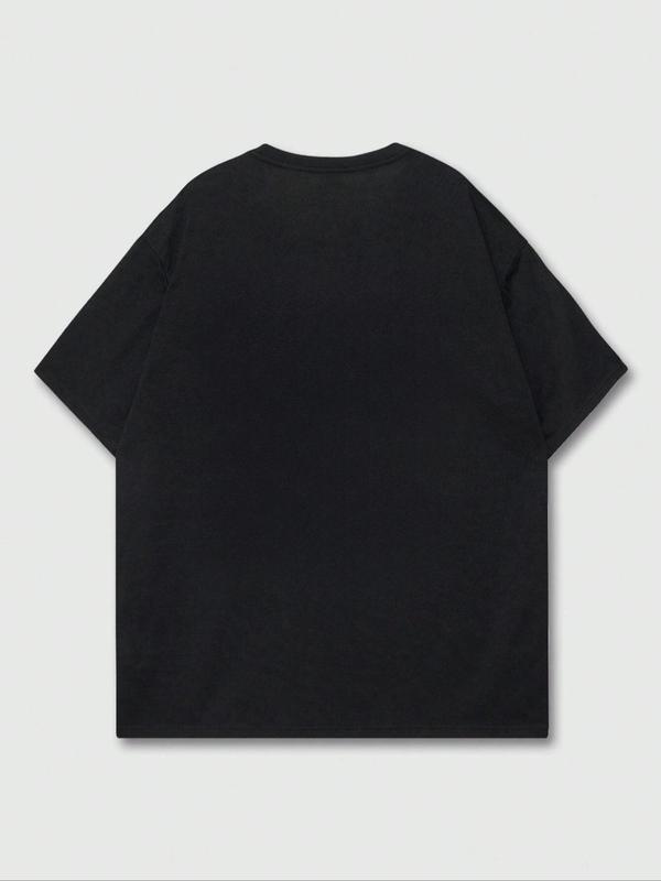 Men's Figure & Letter Print Drop Shoulder Tee, Regular Fit Casual Comfy Short Sleeve Round Neck T-Shirt for Summer, Fashion Men's Top for Daily Wear 1