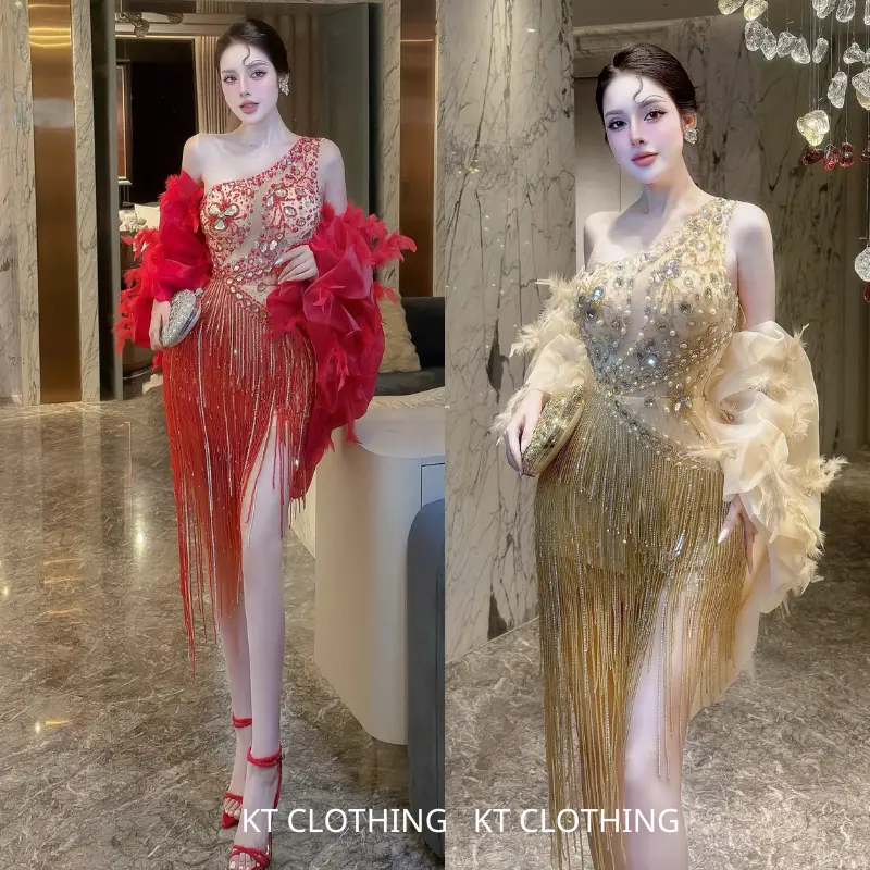 Đầm Dự Tiệc Chéo Vai Đính Đá – KT CLOTHING | Thiết Kế Sang Trọng, Kèm Choàng Lưới Quyến Rũ 0