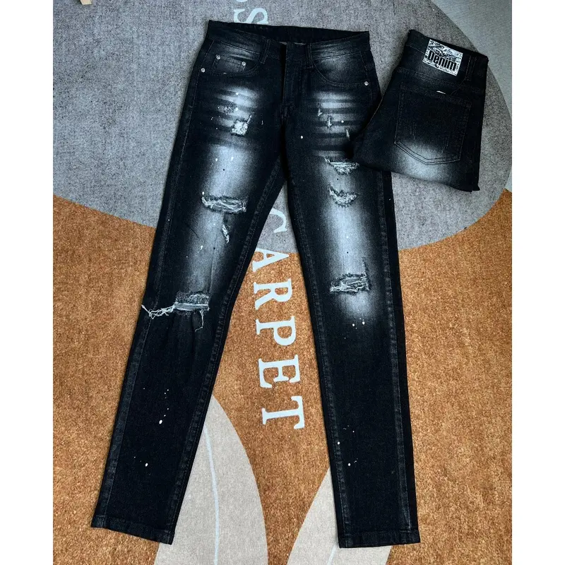 Shop men's beautiful and personality painted strap long black jeans jean pants soft thin section High stretch jeans 4