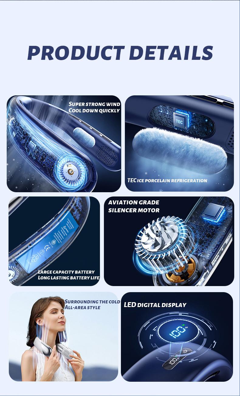 Product Introduction of [READY STOCK] 2024New Neck Fan Typc-c Rechargeable Bladeless Fan Mni Hanging Super battery Life 5 Speeds Adjustable 15