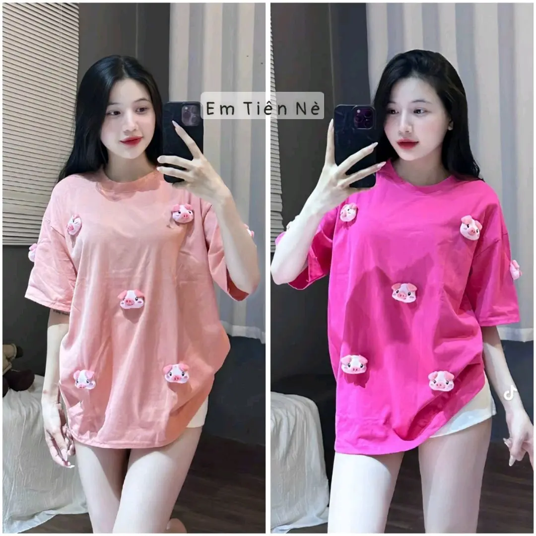 ÁO ĐÍNH PHỤ KIỆN 7 CHÚ HEO COTTON FORM RỘNG FREE 40-70KG VỪA Top Nữ Cổ Tròn Women
