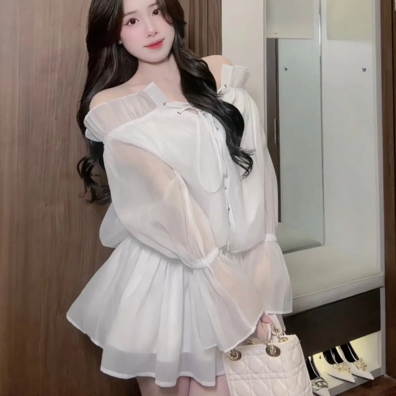 Váy trễ vai 4 màu tiểu thư xinh đan dây ure ( có kèm quần bảo hộ ) Nữ Women Dress Voan
