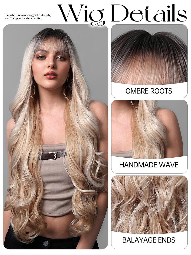 Product Introduction of 30 Inch Long Ombre Blonde Wavy Wigs for Women, Gorgeous Fluffy Wigs with Bangs, Synthetic Full Machine Wigs for Party, Daily Use 3