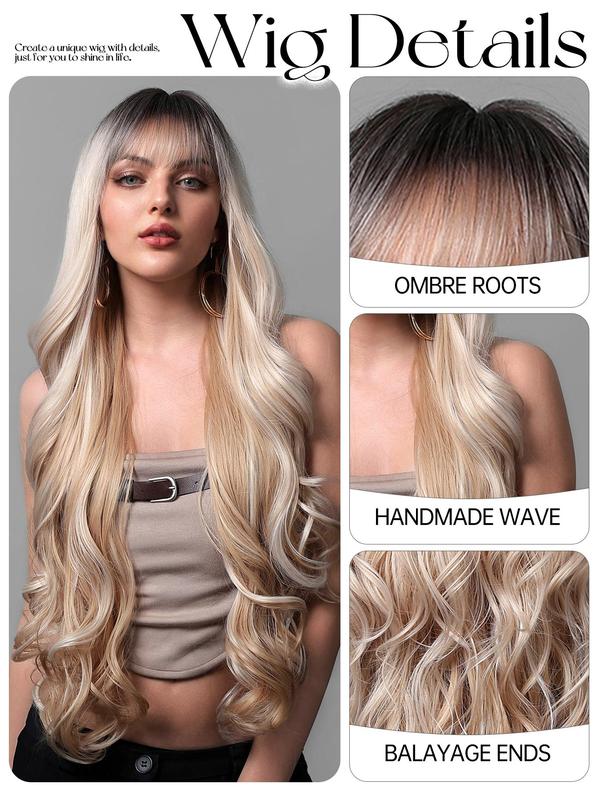 30 Inch Long Ombre Blonde Wavy Wigs for Women, Gorgeous Fluffy Wigs with Bangs, Synthetic Full Machine Wigs for Party, Daily Use 3