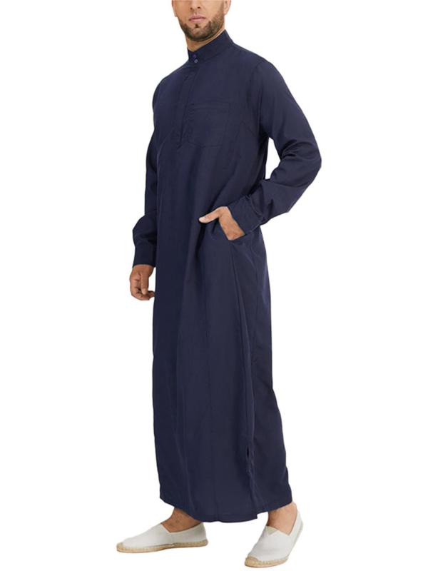 Men's Loose Solid Button Front Split Hem Kaftan, Modest  Mock Neck Pocket Arab Thobe, Casual Men's Islamic Clothing for Daily Wear 6