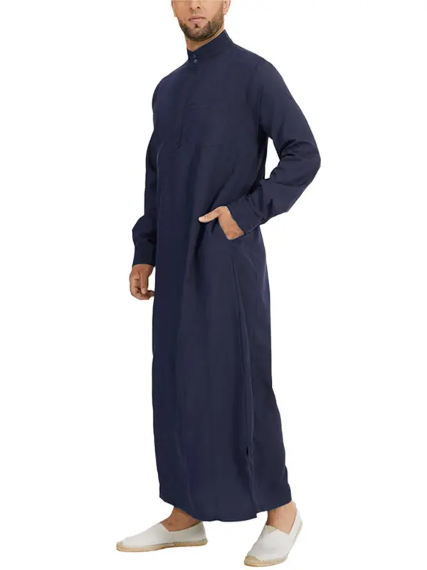 Men's Loose Solid Button Front Split Hem Kaftan, Modest  Mock Neck Pocket Arab Thobe, Casual Men's Islamic Clothing for Daily Wear 6