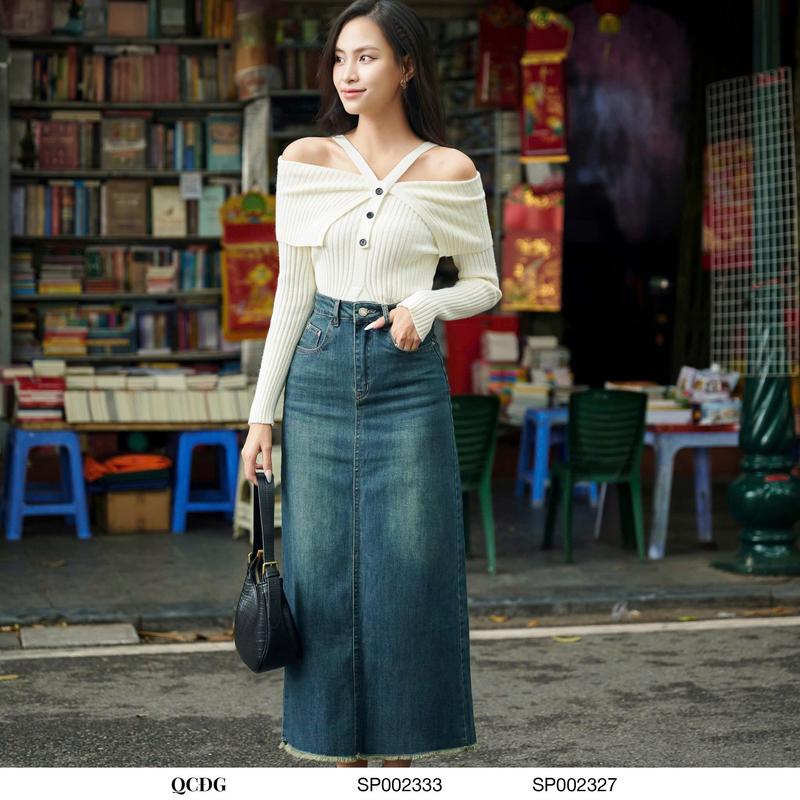 Chân váy jean dài chữ A xẻ sau,Chân váy bò xẻ sau cạp cao tôn dáng che khuyết điểm CVD 82