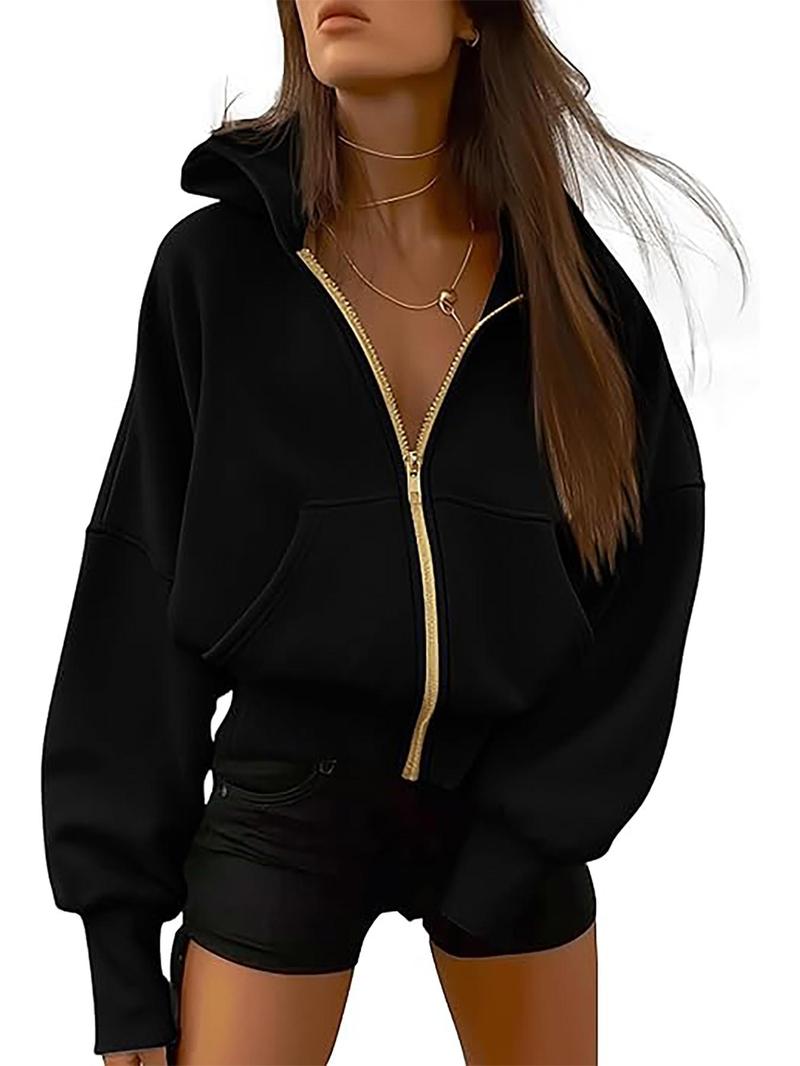 Product Introduction of Women's Solid Zip Up Pocket Drop Shoulder Hoodie Coat, Fashion Casual Pocket Hooded Sweatshirt Outwear for Daily Outdoor Wear, Women Fall & Winter Clothes 1