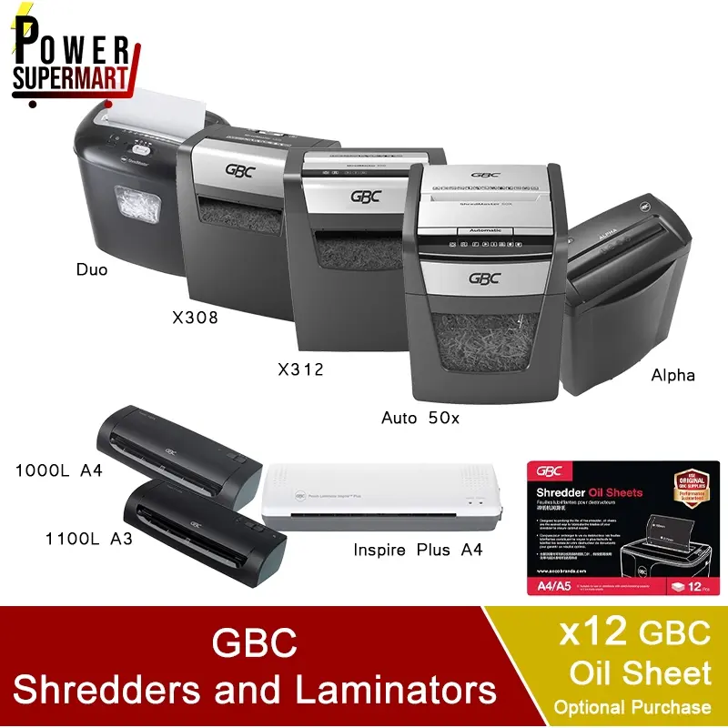 GBC Paper Shredders | GBC Lamination Machines | GBC Oil Sheets | X308 | X312 | Auto50x | Inspire Plus | 1100L | 1100L |