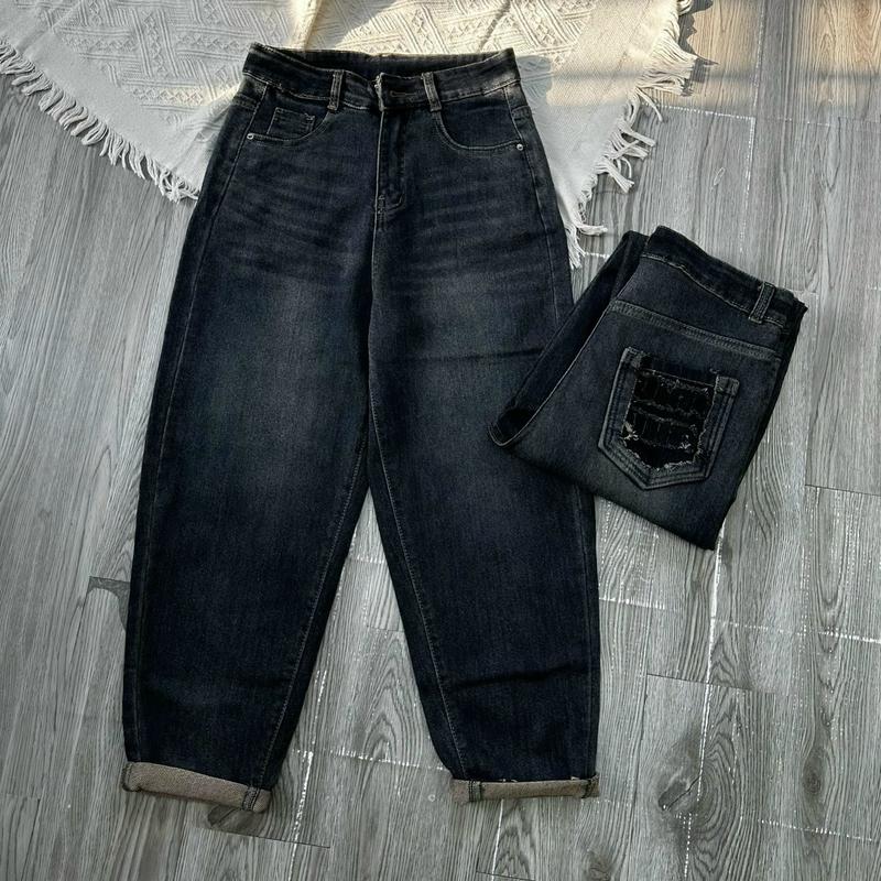 1249 BIGGSIZE Quần jean baggy cạp cao quần baggy jean co dãn thêu chữ túi sau Pants Menswear Kem