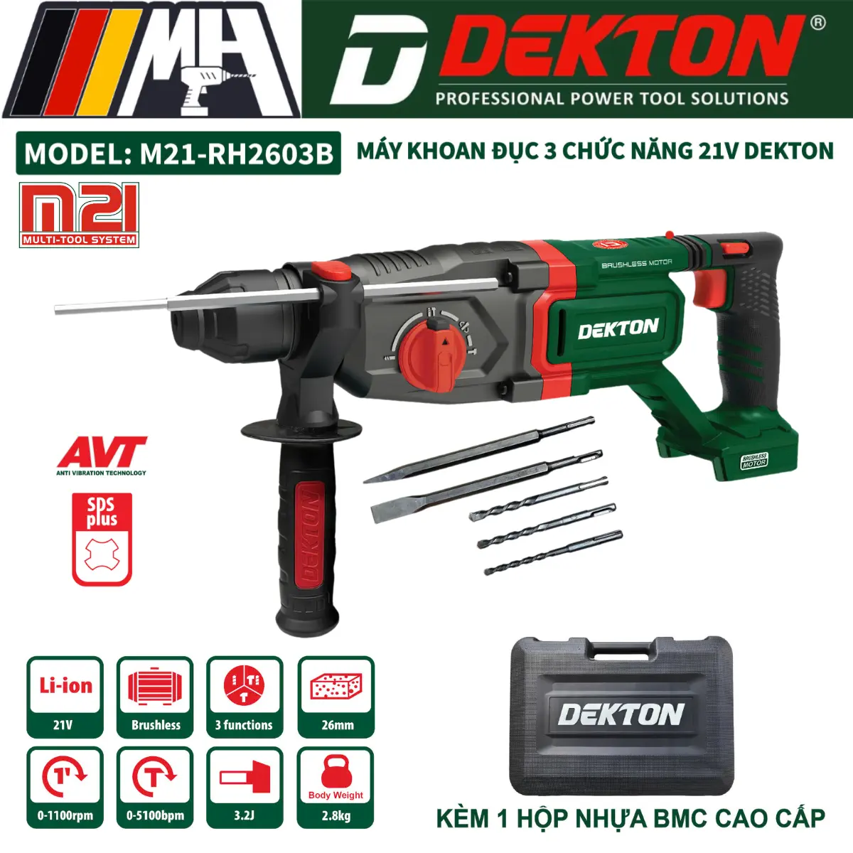 Máy Khoan Đục 3 Chức Năng dùng Pin 21V Dekton M21-RH2603B, Brushless, Chân pin phổ thông, kèm hộp