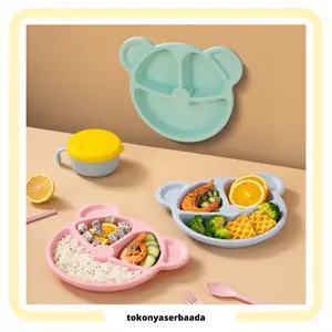 TSA (COD) Peralatan Makan Anak Set 3-Piece Bentuk Bear Tempat Makan Bayi Bahan Jerami Baby Feeding Set Cartoon Tableware Piring Garpu Sendok Lucu Murah