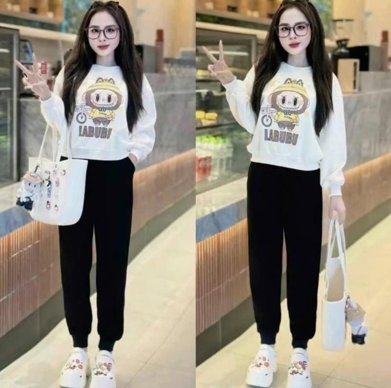 Có Big Size Set Đồ Bộ Nỉ Nữ Labubu Thu Đông Chất Liệu Nỉ Cotton Mềm Mại Không Bai Xù