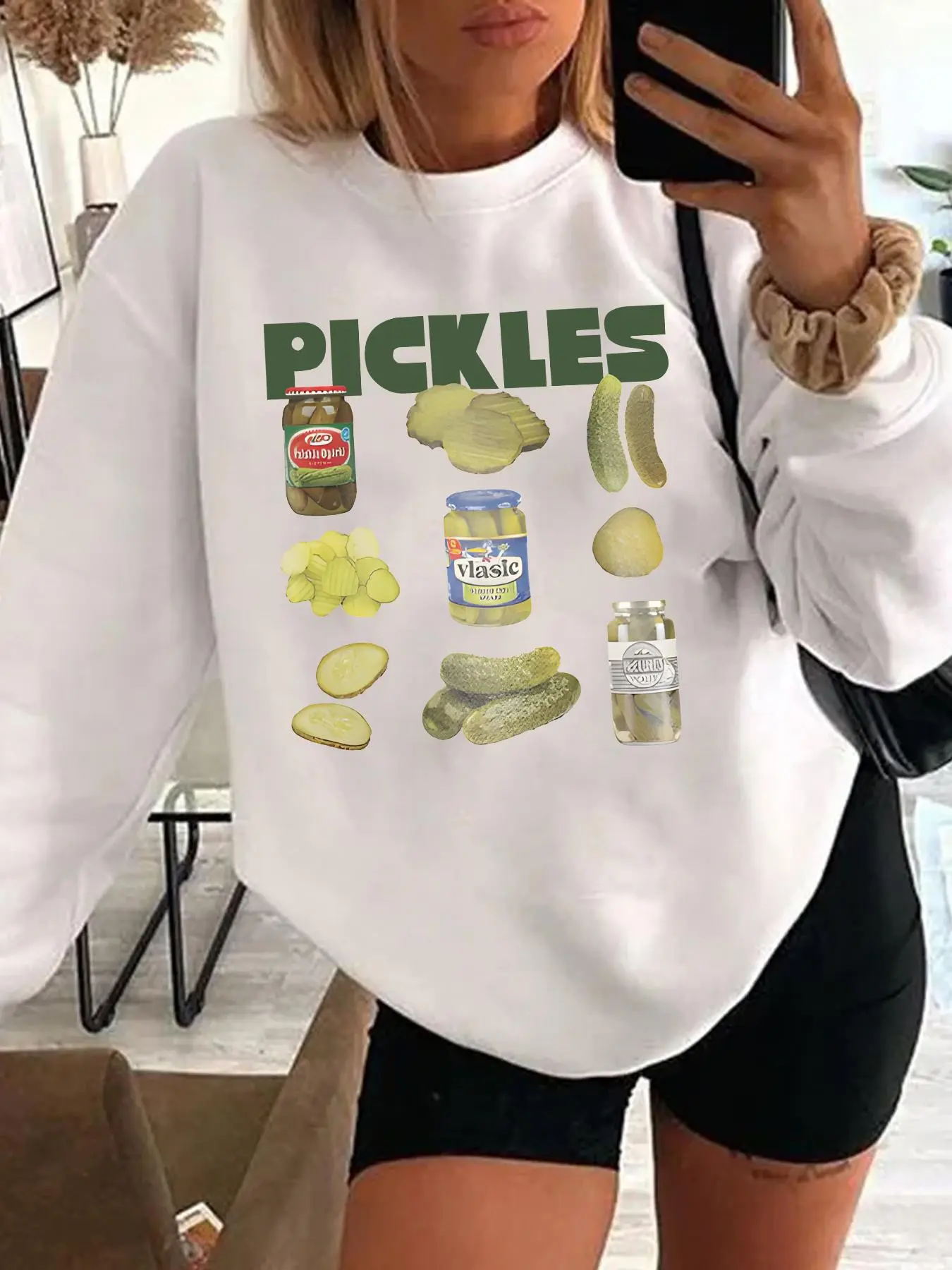 Women's Cucumber  & Letter Print Drop Shoulder Sweatshirt, Casual Long Sleeve Round Neck Pullover for Fall & Winter, Women's Clothes for Daily Wear