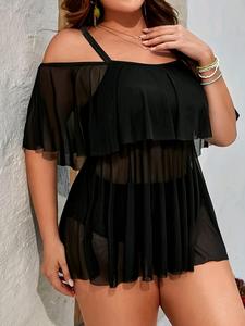 【Talla Grande】 Conjunto Tankini de Color Sólido, Vestido Transparente Sexy y Bragas de Baño, Traje de Baño para Mujer para Todas las Estaciones