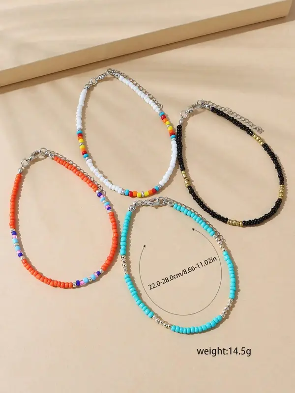 4pcs Boho Style Colorblock Beaded Anklet, Fashionable Foot Jewelry For Women, Daily Clothing Decor For Girl 1