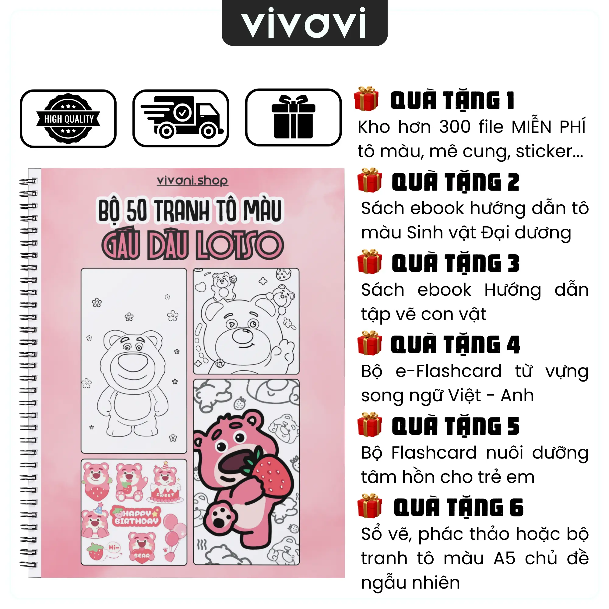 Bộ 50 tranh tô màu Gấu Dâu Lotso Strawberry Bear TM016- Giấy A4 kích thước lớn Toy Đồ Chơi