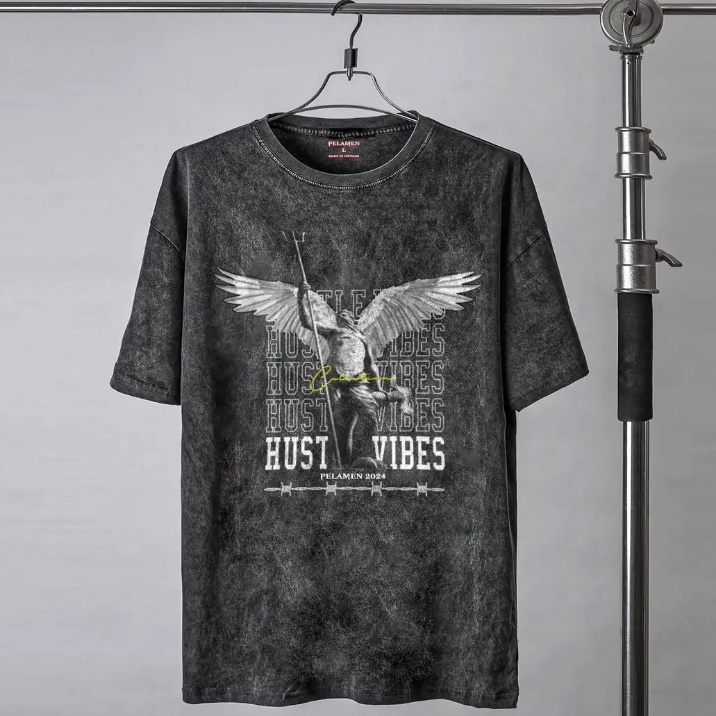 PLM3 Áo thun wash l PELAMEN, form oversize thoải mái, cotton thoáng mát, định lượng 270gsm, vải co giãn 2 chiều có thể giặt máy đen phối sọc trắng nâu