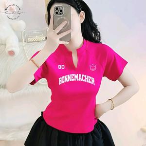 Áo Thun Nữ Cổ Trụ Chữ V In Chữ BONNEMACHER 80, Chất Vải Thun Borip, Voan Women Top Trắng Lịch