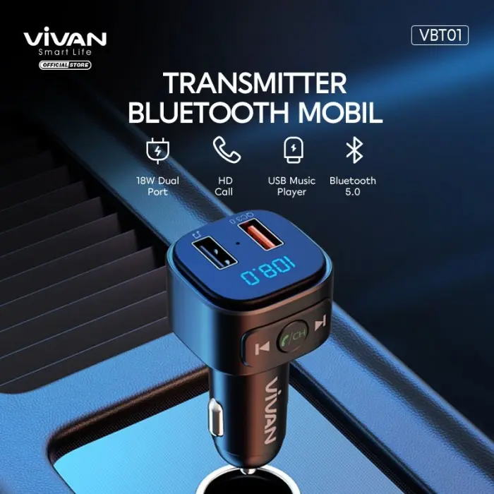 CAR CHARGER VIVAN VBT01 Dual Port 18W QC 3.0 Bluetooth5.0 Transmintter 4