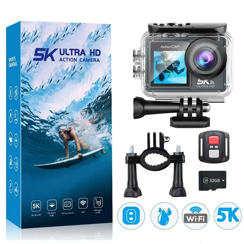 Action Camera, 5K 30 FPS Outdoor Waterproof Action Camera with Front LCD & Touch Back Screen, Camera Remote Control Sports Camera with Wide Angle Lens, Smartphone 0