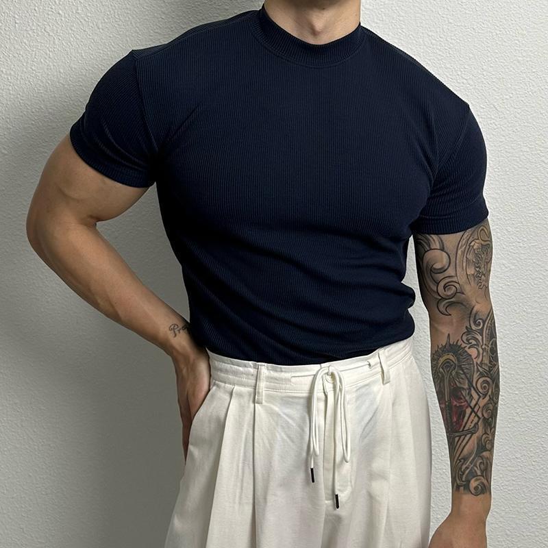 Summer plus size men's clothing 300 jin 2025 new solid color half-high neck short-sleeved-shirt for men 7