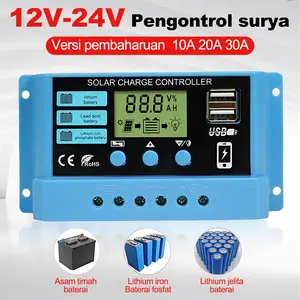 SIHIER Shop Pengontrol Pengisi Daya Surya 12V/24V 10A 20A 30A LED LCD PWM USB Panel Pengisian Surya dengan Perlindungan Ganda dan Kontrol Waktu Optik