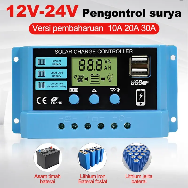 Pengontrol Pengisi Daya Surya Tampilan LED LCD PWM Surya 12V/24V 10A 20A 30A Panel USB Pengisi Daya Surya 0