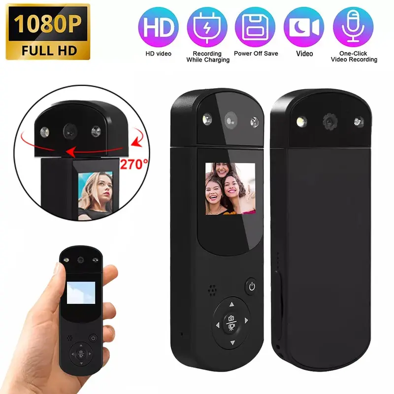 Portable Action Camera Rotatable Lens with Screen Flashbulb 1080P HD Action Cam Taking Photo Beauty Filters Sport Video Recorder