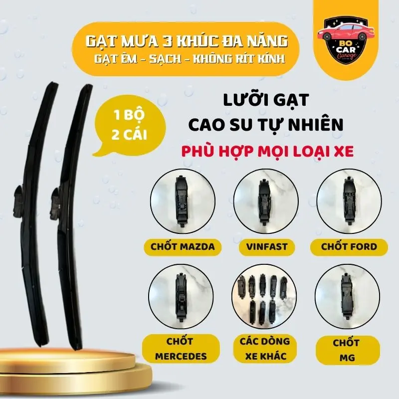 Gạt Mưa 3 Khúc Cao Cấp | Chốt Đa Năng | Phù Hợp Mọi Loại Xe | Luỡi Cao Su