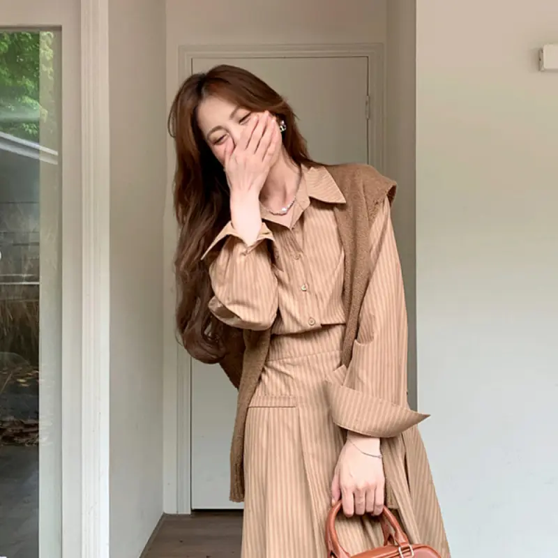FADFAD Korean style women's casual fashion slim waist long-sleeved long striped dress 3