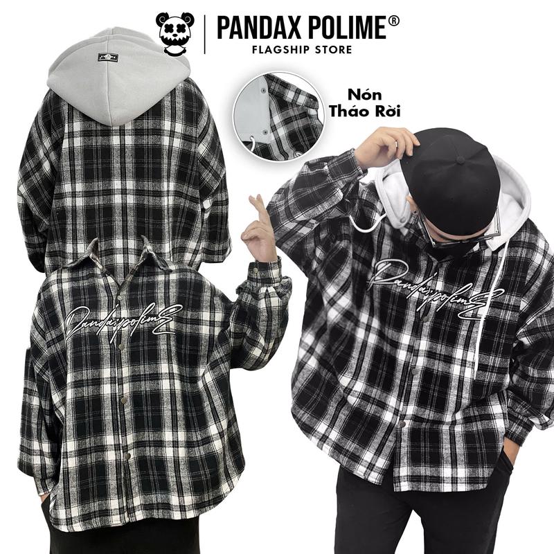 Áo flannel sơ mi khoác caro có nón tháo rời chất dạ chống nắng form boxy cánh dơi cặp đôi nam nữ local brand pandax polime pandaxvn Menswear Tim
