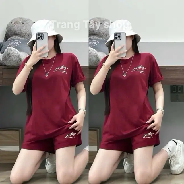 sét bộ Đùi nữ cotton khô- áo + quần Đùi + in chữ  sim from rộng thụng (40-70kg )