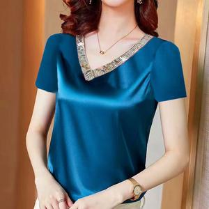 Free Shipping Silk Satin Half sleeve V neck Short Sleeve Women T shirt Korean Style Elegant Temperament Blue Blouse Female Plus Size Trendy Tees Fit and thin
