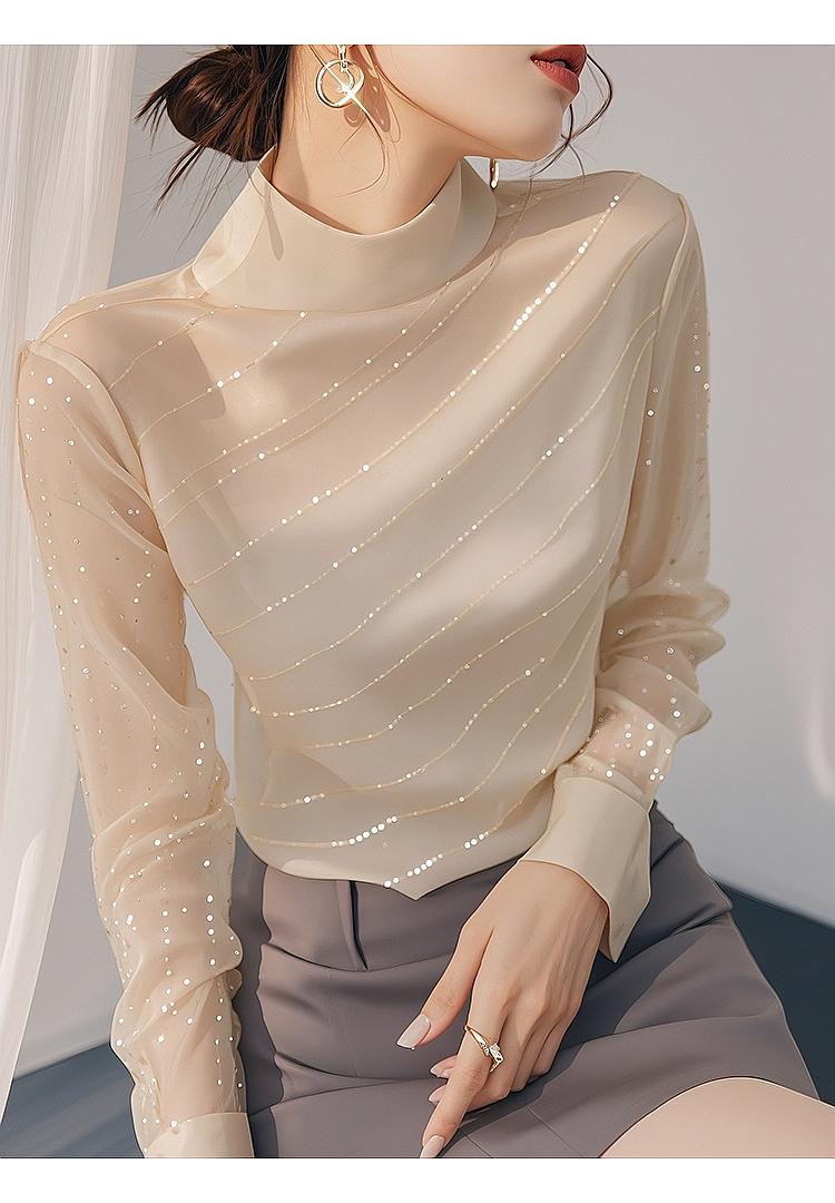 Product Introduction of Beautiful Blouse French Style Temperament Top Light Beige Sequined Long Sleeve Women's Shirts Womenswear Lingerie Comfort Basic Minimalist 9