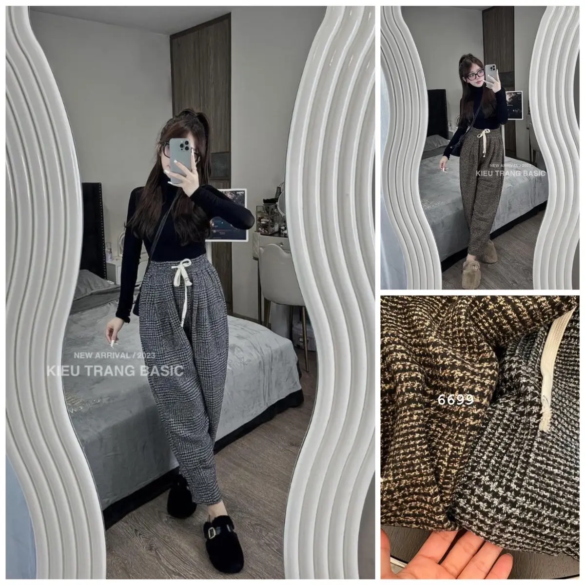Quần baggy lưng cao chất liệu vải dạ dày dặn, mềm mịn lưng thun kèm dây rút cá tính hoạ tiết kẻ hot trend lên form siêu xinh