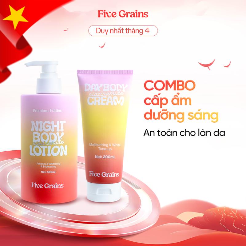 Combo kem dưỡng giúp dưỡng ẩm dưỡng trắng da body ban ngày và ban đêm Five Grains Niacinamide, Alpha-Arbutin 500ml